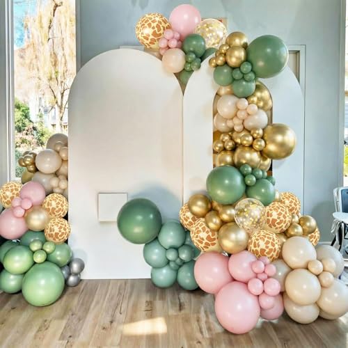 Image of Sage Green and Pink Balloons, 60PCS Deer Printed Balloons Confetti, 12 Inch Dusty Pink Champagne Gold Apricot Balloon Helium for Jungle Safari Birthday Woodland Baby Shower Wedding Party Decorations