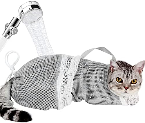 Ameami Cat Bathing Bag Adjustable Cat Grooming Net Bag Anti-bite & Anti-Scratch Cat Bath Washing Restraint Bag, Breathable Mesh Cat Grooming Bag for Shower, Nail Trimming, Injection