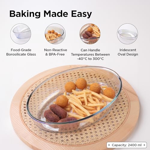 Image of UMAI Borosilicate Glass Baking Tray-Oval Shape (2.4L) | Transparent Microwave Oven Safe Utensils | Rectangular Bread Moulds for Baking | Dishwasher Safe | Multipurpose use Serving Tray (Iridescent)