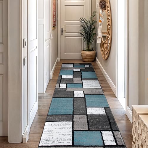 Rugshop Modern Geometric Boxes Blue Area Rug, Carpet with Jute