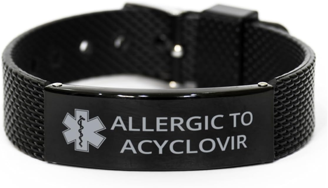 Medical Alert Black Shark Mesh Bracelet, Allergic to Acyclovir Awareness, SOS Emergency Health Life Alert ID Engraved Stainless Steel Adjustable Bracelet For Men Women