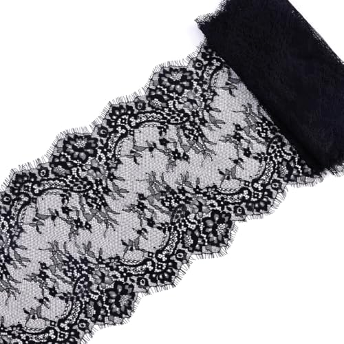 9 Inch Wide by 3 Yard Lace Ribbon Trim Floral Pattern Embroidered French Eyelash Colored Lace Fabric Material for Clothes Bridal Wedding Dress Sewing Home Decoration,Black