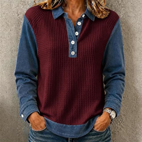 Waffle Tops for Women Jean Patchwork Collared Button Comfy Shirts - image 5