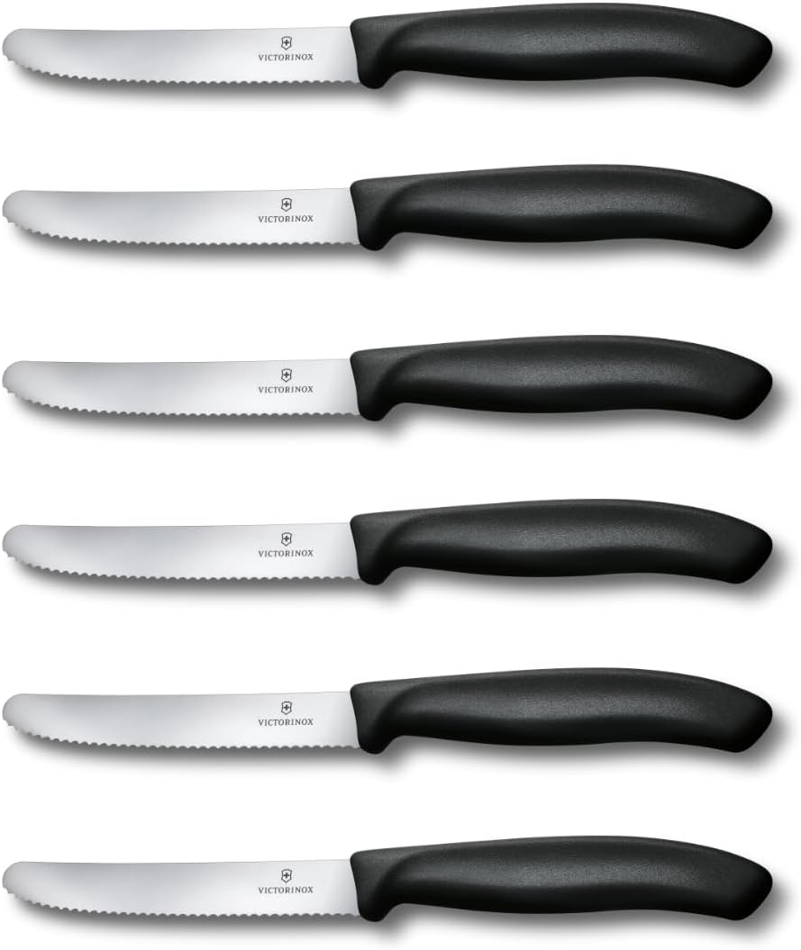 Swiss Classic Tomato Knife, Set of 6, Sharp Blade, Wavy Edge, 11 cm, Stainless Steel, Black