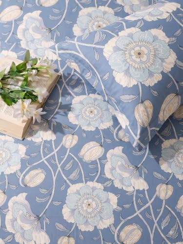 Image of Mafatlal 144 TC Double bedsheet with Pillow Cover, Floral Design Cotton Queen Bed Sheet, 90x100 inches Double Size bedsheet, Pure Cotton Full Bed chadar|Aaure Blue
