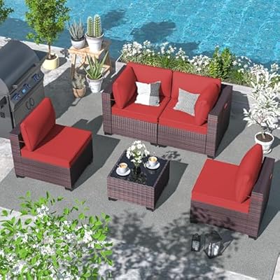 ALAULM 5 Pieces Patio Furniture Set Wicker Patio Conversation Set, Outdoor Sectional Furniture w/Coffee Table & Washable Seat Cushions-Red