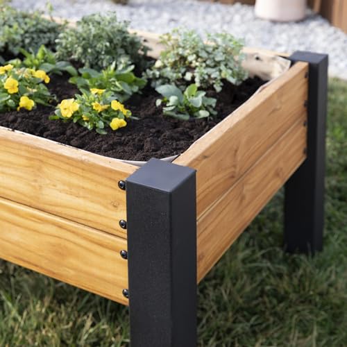 Image of Backyard Discovery 48 inch Teak Wood Raised Garden Bed Planter Box with Galvanized Steel Legs, Mesh Liner for Outdoor Gardening, Patio, Balcony, Deck, Porch