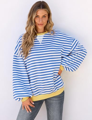 Image of UEU Women Oversized Striped Crewneck Sweatshirt Long Sleeve Color Block Pullover Tops Casual Loose Workout Shirt
