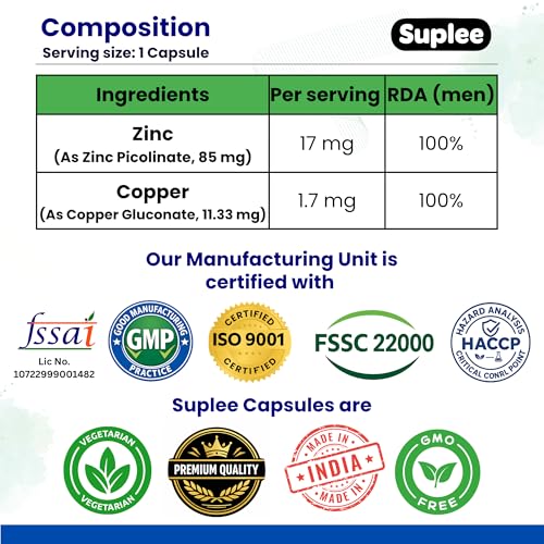 Image of Suplee Zinc Picolinate with Copper Gluconate | High Absorption Zinc Supplement | Immunity, Skin Health & Muscle Support | 90 Veg Capsules