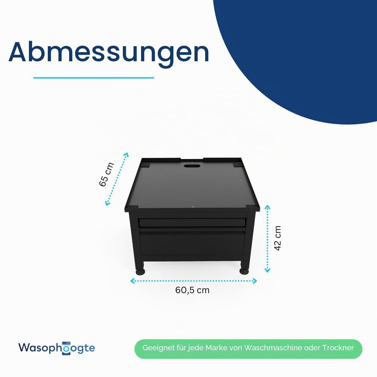 Waschmaschinen Untergestell mit Schublade und Ablage - Waschmaschinenunterschrank - Waschmaschinen Podest - Schwarz - Universell - 65x60,5 (LxB) - Inklusive Wandbefestigungen