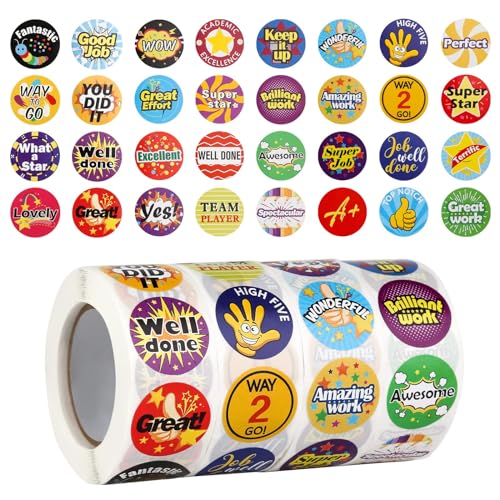 2000pcs Pegatinas Infantiles Motivadoras Redondas, 4 Rollo Pegatinas Recompensa Niños, Alabanza Reward Sticker, Pegatinas Motivacion Positiva para Profesores, Padres, El Aula y Casa