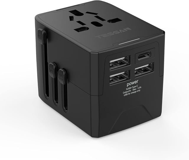 TESSAN Uniwersalny Adapter Podróżny, Uniwersalny Adapter Podróżny z 3 USB 2,4A i 1 Typ C 3A, Adapter Wtyczki Francja do USA Kanada UK UE Australia Chiny Japonia