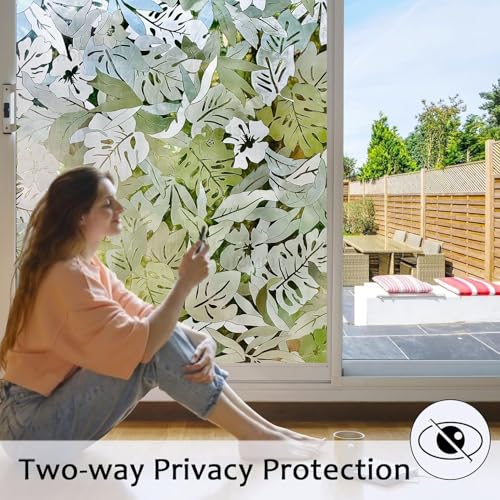 Image of HOME13 Window Privacy Film Frosted Glass Film Decorative Window Sticker Removable Window Film Home Office Privacy Film Window Coverings (Palm Leaves, 2 Feet by 12 Feet)