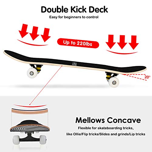 Scientoy Skateboard, Beginner Skateboards, 31" x 8" Complete Pro Skateboard with Repair Kit for Kids/Boys/Girls/Youth/Adults, 9 Layer Canadian Maple Double Kick Skateboard for Outdoors