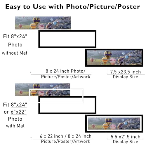 Image of JCJMY 8x24 Picture Frame with 6x22 Mat, Panoramic Picture Frame Display Photo 6x22 with Mat or 8 x 24 Without Mat, Wall Hanging Large 8 by 24 Poster Frame with Plexiglass, Black