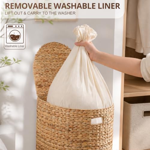 Image of Large Woven Rattan Hamper with Lid, Natural Brown, 16.9 x 13.8 x 20.5 in - Clothes Storage Basket for Laundry Room or Closet