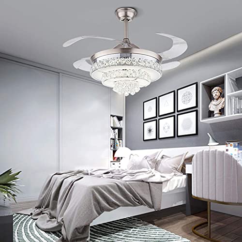 DYRABREST 42 Crystal Ceiling Fans Lights and Remote Control Retractable Blades Chandelier Fan Lamp 3 Color Changes 3 Speed Adjustable Ceiling Lighting Fixture For Home Decoration Living Room (Type A)