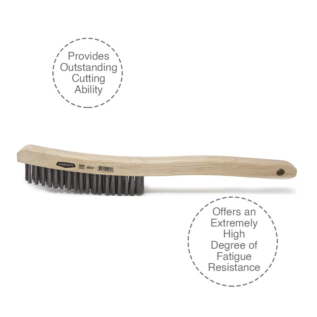 Osborn 54035SP Plater's Solid Wood Block Wire Scratch Brush, Long Curved Handle, Fine Steel Wire Bristle, 5-3/4" Length, 1-1/8" Width, 13-1/4" Overall Length