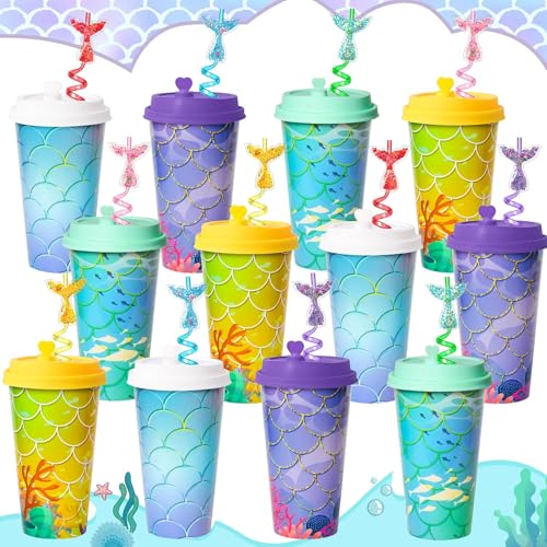 24 Mermaid Party Favors Cups with Lids and Mermaid Tail Straws Decorations