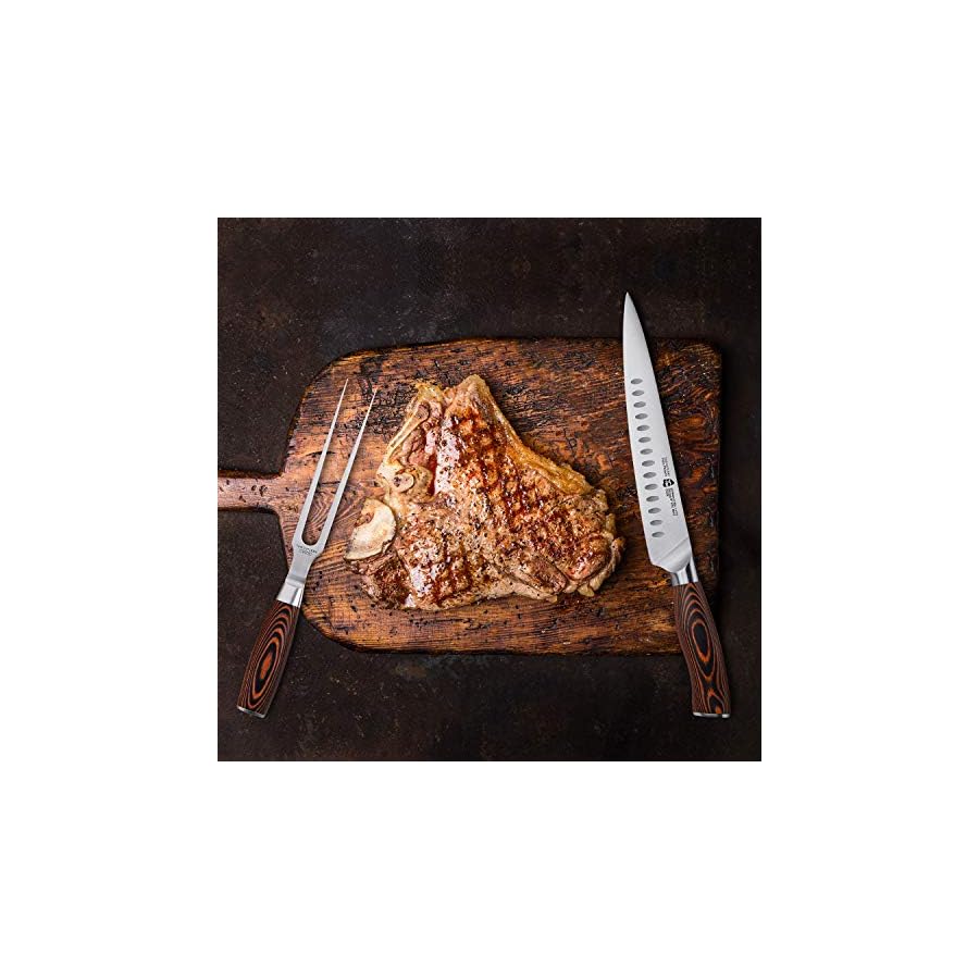 TUO Slicing Set - 9" Carving Knife & 7" Fork - Hollow Ground German Stainless Steel Carving Knife and Fork Set 2 Pcs - Pakkawood Handle - Luxurious Gift Box Included - Fiery Phoenix Series