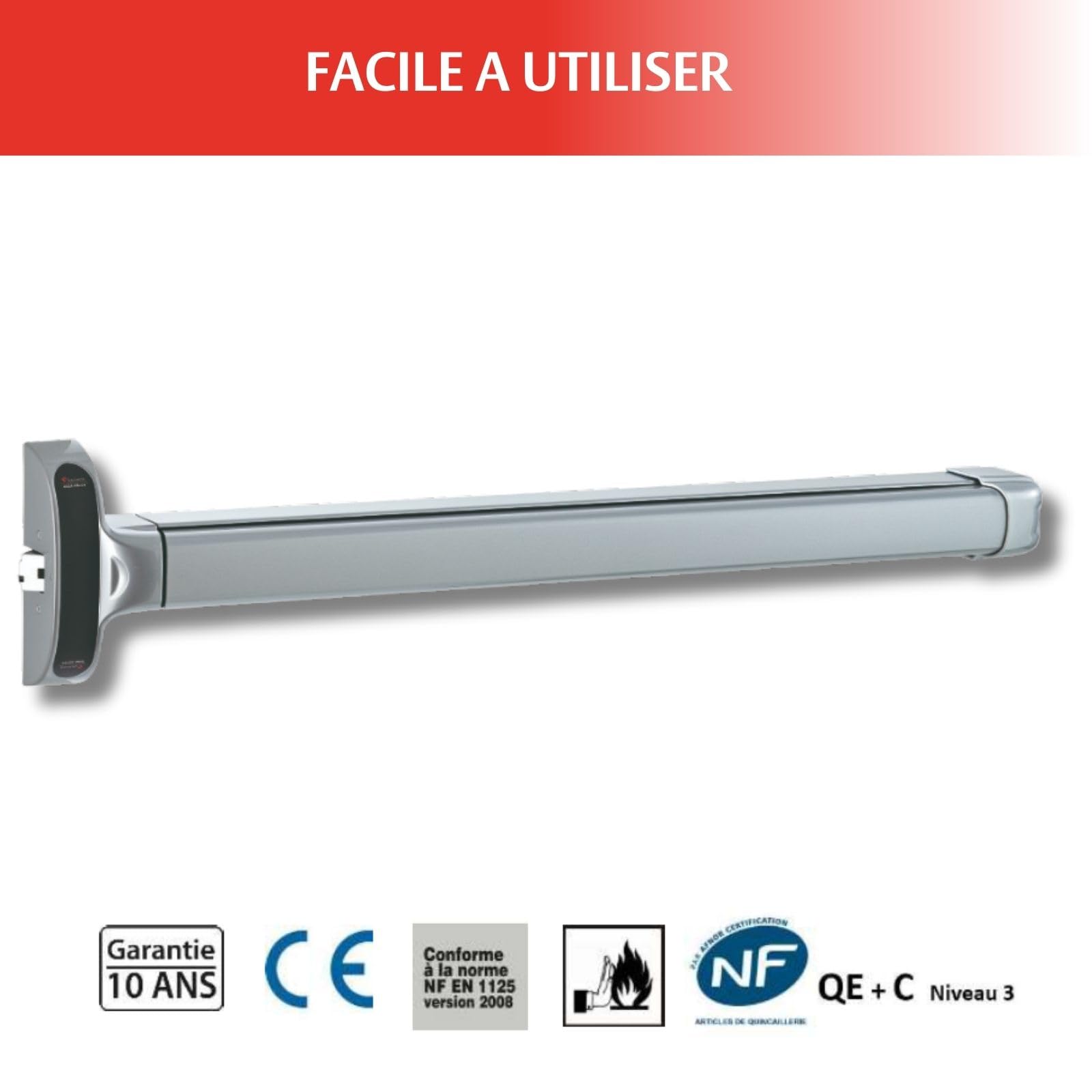 Vachette Barre Anti-Panique Porte Sortie de Secours Bois & Métal - 1900BM - Max 850mm Recoupable, Réversible avec Gâche - 1 Point de Verrouillage - Résistance Vandalisme et Corrosion - Garantie 10 Ans