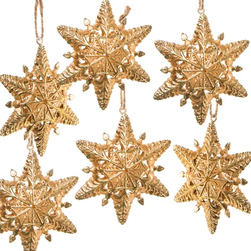 Schneeflocken Anhänger Metall Gold – 6er Set Weihnachtsanhänger zum Aufhängen – ca. 9 cm – filigraner Christbaumschmuck & Geschenkdeko – Logbuch-Verlag