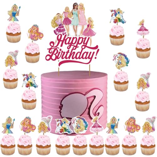 NTEVXZ 25 peças Barbi Cake Topper, Barbi Birthday Party, barbie princesas decoração do bolo, Barbi Cupcake Topper, decorações de festa de aniversário para meninas