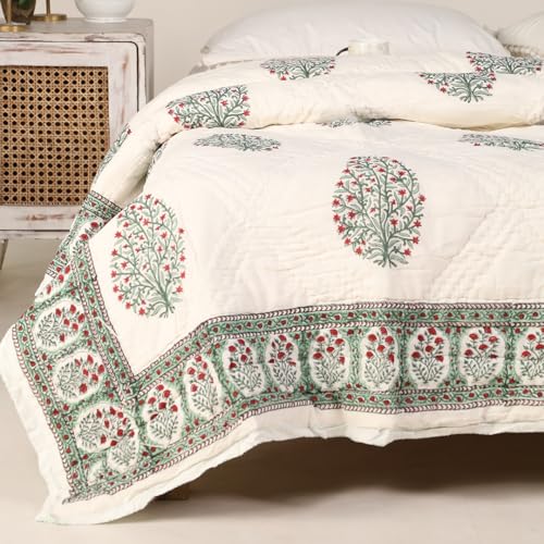 Image of Peepul Tree Single Bed Cotton Malmal Quilt /Dohar | Hand Block Jaipuri Razai | Beautiful Floral Soft, Breathable & Reversible AC Blanket | Made in India (White & Green, 60x90inches)