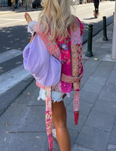 Yimoon Women's Cropped Puffer Vest Floral Print Lightweight Sleeveless Quilted Jacket Open Front Padded Gilet Outwear(Rose-L)4