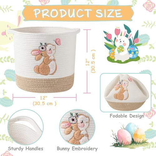 Image of Toy Storage Baskets Woven Cotton Rope Storage Basket for Kids, Blanket Baskets for Living Room Stuffed Animal Storage Toys Organizer with Embroidery Decor, Cute Baskets for Nursery (Bunny)
