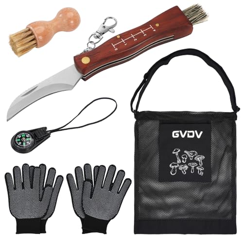 GVDV Navaja para Setas, con Cepillo de Setas, Bolsa de Caza de Hongos, Brújula y Guantes, Cepillo Cerdas de Jabalí