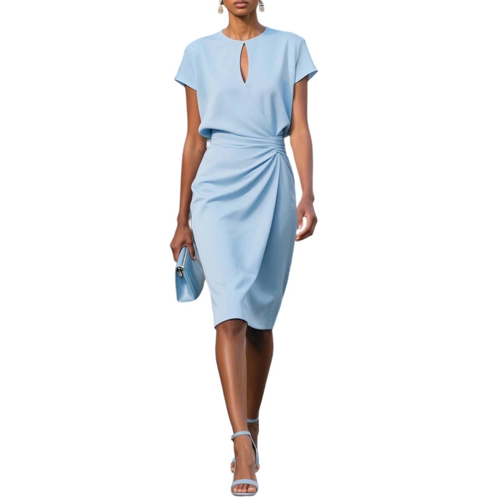 Etuikleid Damen Elegant Für Hochzeit Festlich Sommerkleid Knielang Hochzeitsgast Kleid Damen Kurzarm Cut Out Cocktailkleid Business Plissee Kleider Tailliert A Linie Festliche Abendkleid mit Ärmel