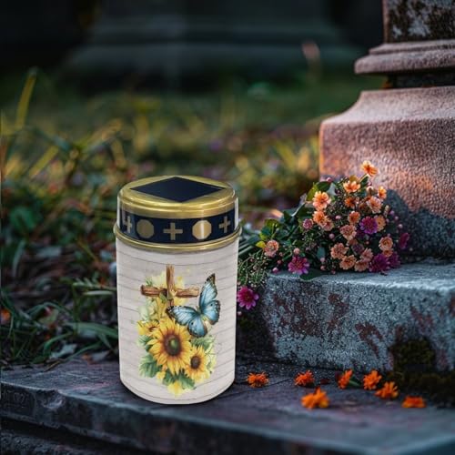 Image of Butterfly Print Solar Lights for Cemetery Outdoor Waterproof Led Flameless Candle Cross Sunflower Cemetery Solar Lights Grave Decoration Memorial
