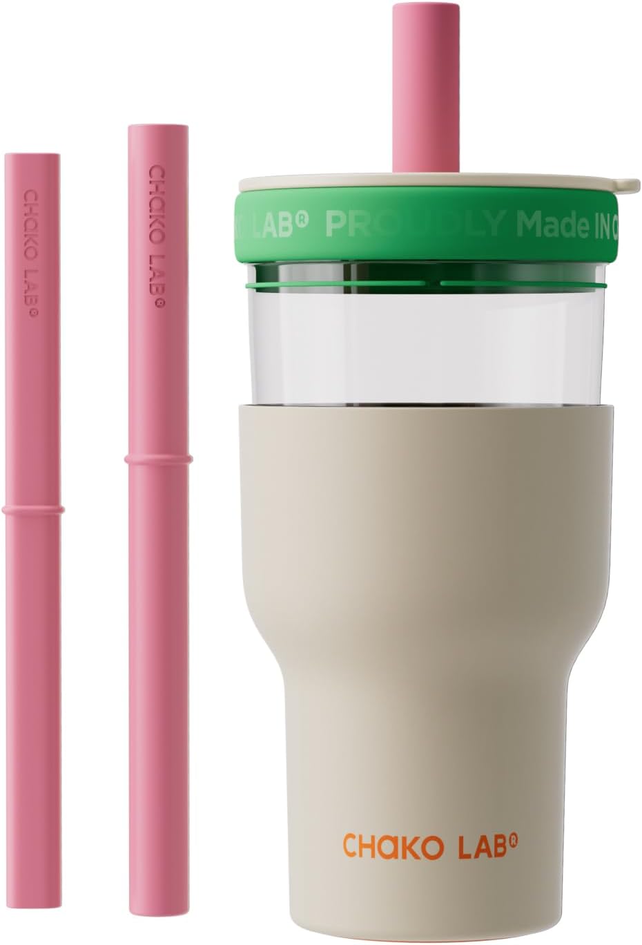 CHAKO LAB Insulated Stainless Steel Water Bottle | Dual-layer tumbler with Glass Linner and Stainsteel Linner | BPA-Free Leak Proof Thermos | 20oz Bottle with Two Straw | White and Green