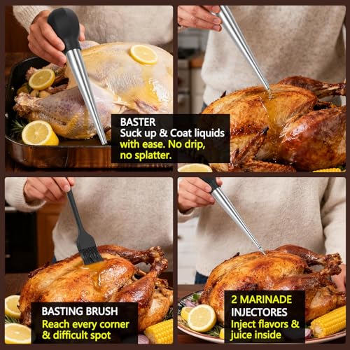 SCHVUBENR Large Turkey Baster Set - Stainless Steel Baster Tool for Cooking - Includes Basting Brush, Cleaning Brush & Injector Needles - Heavy Duty Baster Syringe - Flavor Meat Poultry, Beef, Chicken
