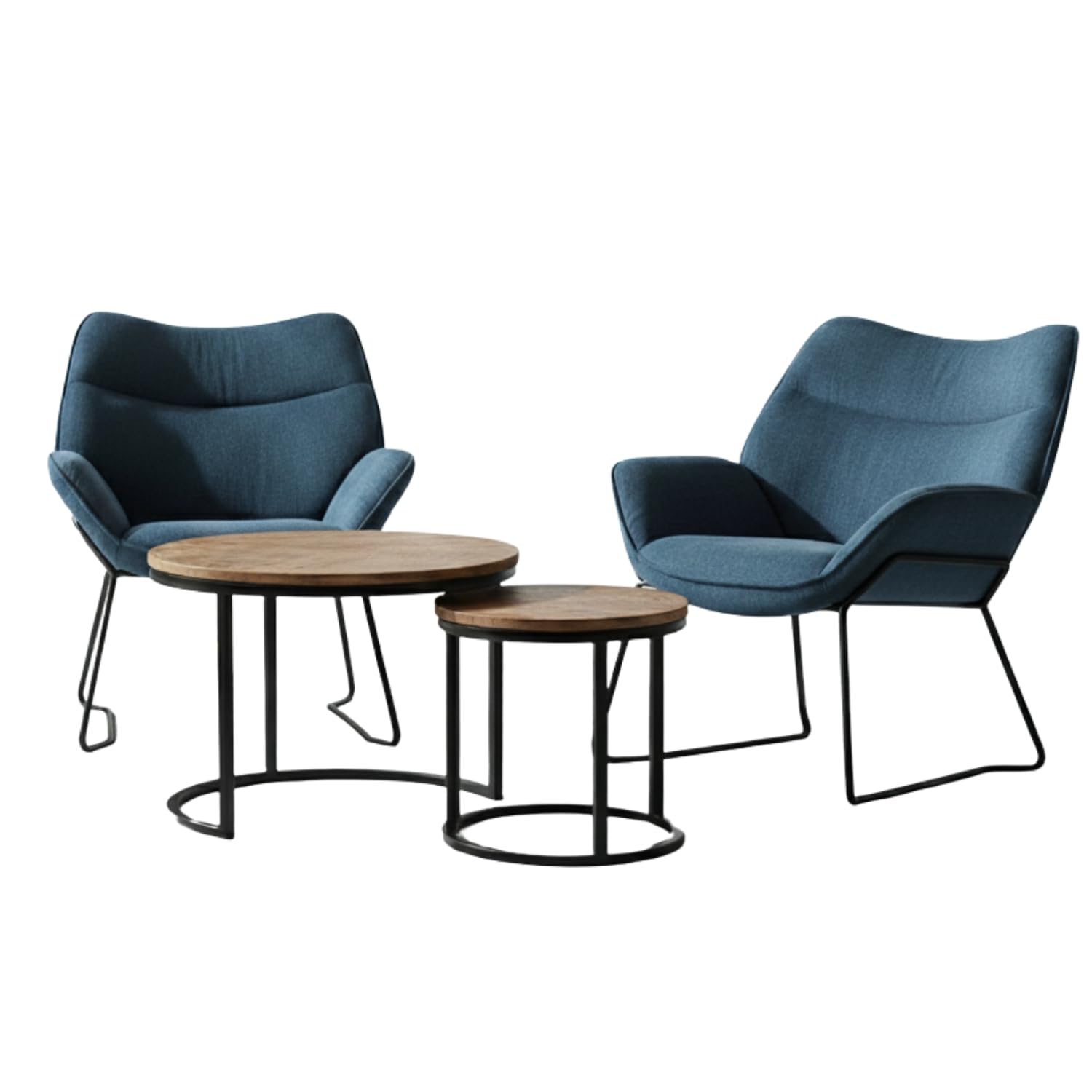 MR. DEKO Wohnzimmer Set Aliano Blau | Sessel-Set 2er mit Armlehnen & Beistelltisch Fermo Mangoholz | Polstersessel Stoff | Lounge-Set Wohnzimmer | Modernes Wohnmöbel-Set |2 Holztische rund