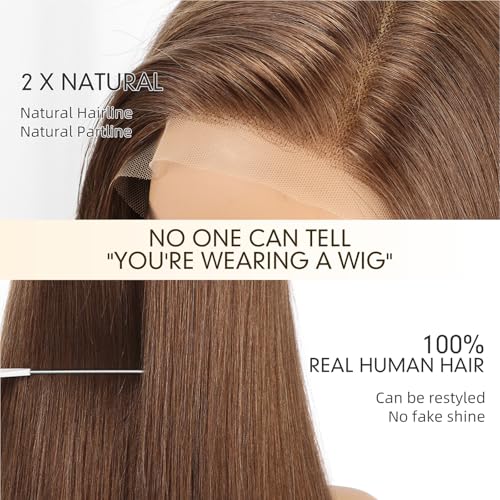 Image of KKU 100% Human Hair Wigs for Women,Real Human Hair Wigs,Side Swept Bangs Lace Front Wig(16 Inch,Chestnut Brown)
