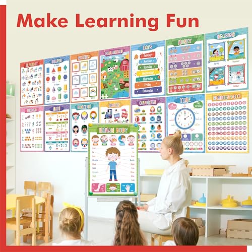 Image of 17 Educational Posters for Kids, All-in-One Set Learning Posters-Alphabet, Animals, Numbers, Colors, USA & World Map, Shapes, PET Film Coated School Supplies For Kindergarten, Preschool, Classroom