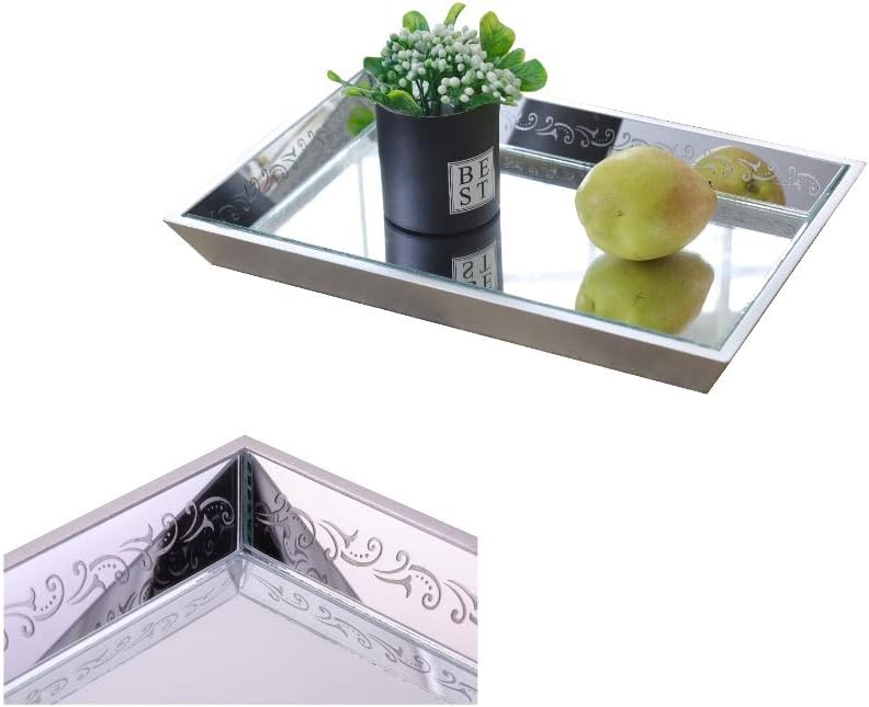 Dipamkar® 30 x 20 cm Gorgeous Silver Bevelled Carved Mirrored Serving Tray - Cake Candle Jewelry Holder