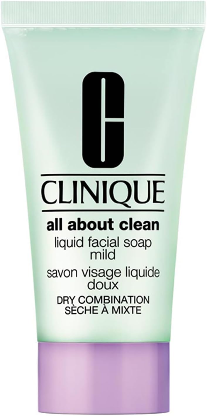 Clinique 3-Step All About Clean Liquid Gentle Facial Cleanser Soap | Face Wash For Dry Combination Skin | Type 2, Mini Travel Size, 1 Fl Oz