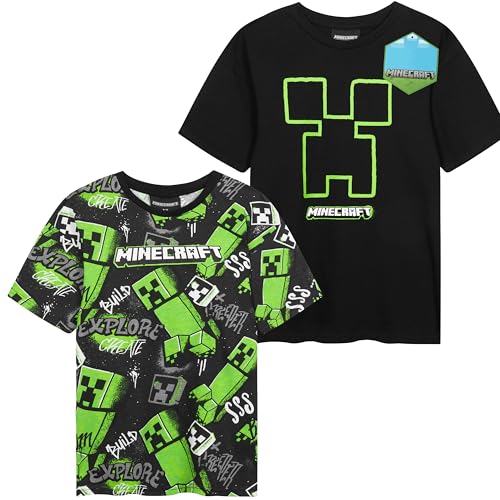Minecraft T-Shirt Garcon 5 à 14 Ans, Lot de 2 Ras du Cou et Manches Courtes T Shirt Eté, Gaming Merchandise Idee Cadeau (5-6 Ans, Noir Minecraft 2 Pck)