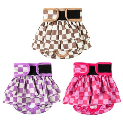 Image of wegreeco Dog Diapers Female (3 Pack), Highly Absorbent Puppy Doggie Dog Diapers for Female Dogs Period, Washable Doggy for in Heat, Small Medium Large Size (Checkerboard Red, Purple,Coffee, Large)