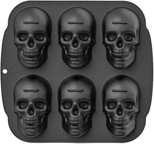 Totenkopf-Kuchenform, Halloween-Silikonformen, Eiswürfelform, Eiswürfelbehälter, 6-fach-Form mit 3D-Totenkopfmotiv für Halloween und Geburtstagsfeiern