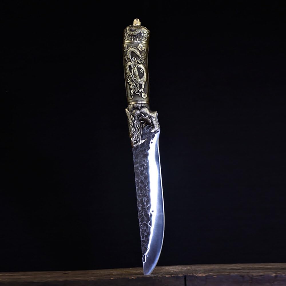Meat Cleaver Knife, 7Inch Handmade Viking Knife 7Cr17MoV High Carbon Steel Machete Hunting Outdoor Sharp Cleaver Kitchen Knives Copper Dragon Handle (Color : Knife)