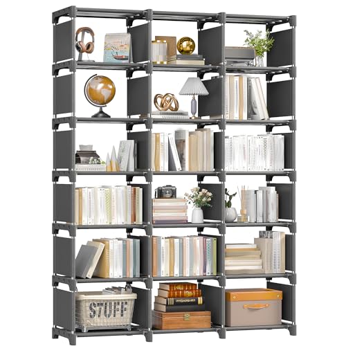 REIBII Almacenamiento de cubos, organizador de 18 cubos, cubos de almacenamiento de bricolaje, estante para libros, estantería gris, estantería alta, estantes de libros para dormitorio, oficina, sala