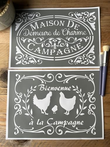 Set de 2 Pochoirs Décoratifs en PVC Souple, Style Vintage Campagne Chic, Réutilisables, 30 x 20 cm. Multi-supports, Bricolage, Rénovation meuble, déco...