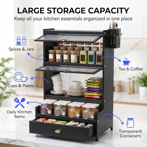 Image of Kitchen Storage Cabinet | Kitchen Cabinet with 2 Layer Kitchen Organiser, Drawer, 4 Storage Boxes & Side Holders | Dustproof Space Saving Carbon Steel Shelf | Black 41 CM, Pack of 1