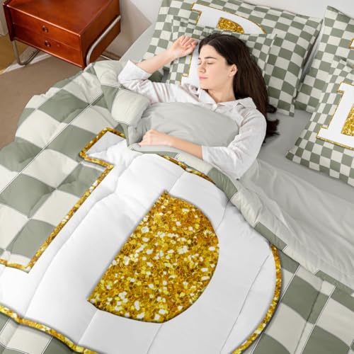 Image of Erosebridal Sage Green Checkered Queen Comforter Set with Sheets 7 Piece Plaid Initial D Bed in A Bag Personalized Monogram Bedding Sets for Kids Adults,Fashion Grids Gingham Bed Set