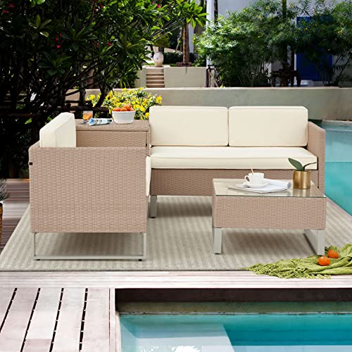 Erommy 4-Piece Patio Conversation Sets, Outdoor Patio Furniture Sets, Rattan Wicker Sectional Sofa Couch And Coffee Table With Tempered Glass For Patio, Deck, Porch, Lawn, Yard And Pool (Beige) #TOP6
