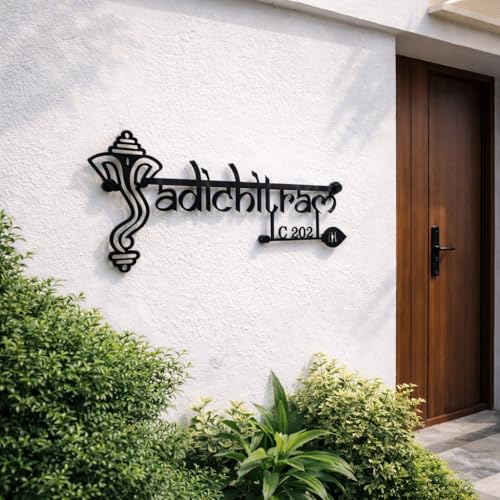Image of Customized Stainless Steel LED Ganesha Name Plate With House Number for Home Entrance, Flat, House Doors, Stylish, Outdoor & Indoor, Waterproof (15 inch)